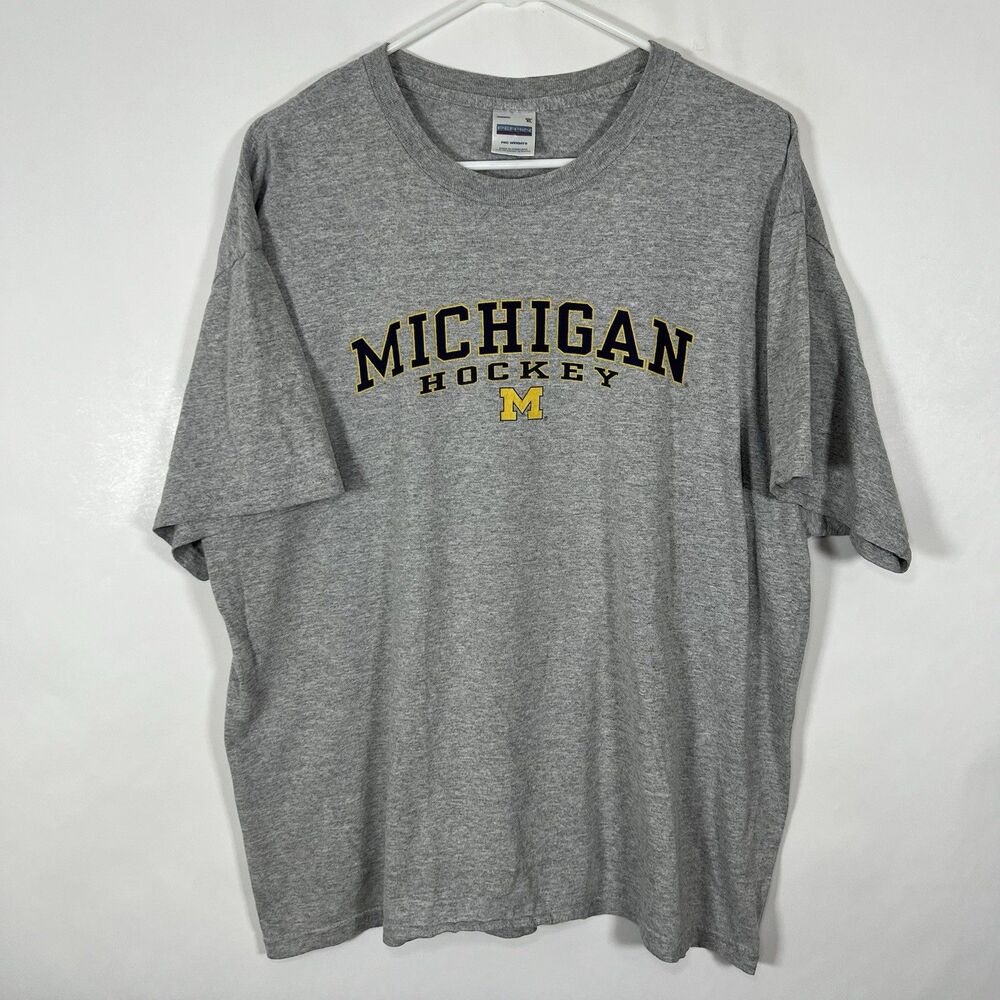 Vintage Michigan Wolverines Hockey Perrin T Shirt Mens Size XL Gray Block M